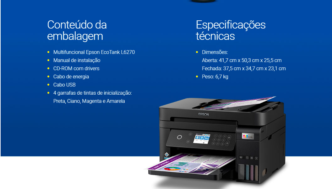 Impressora Multifuncional Tanque de Tinta 3 em 1 Epson EcoTank L6270, Wi-Fi, USB, Bivolt