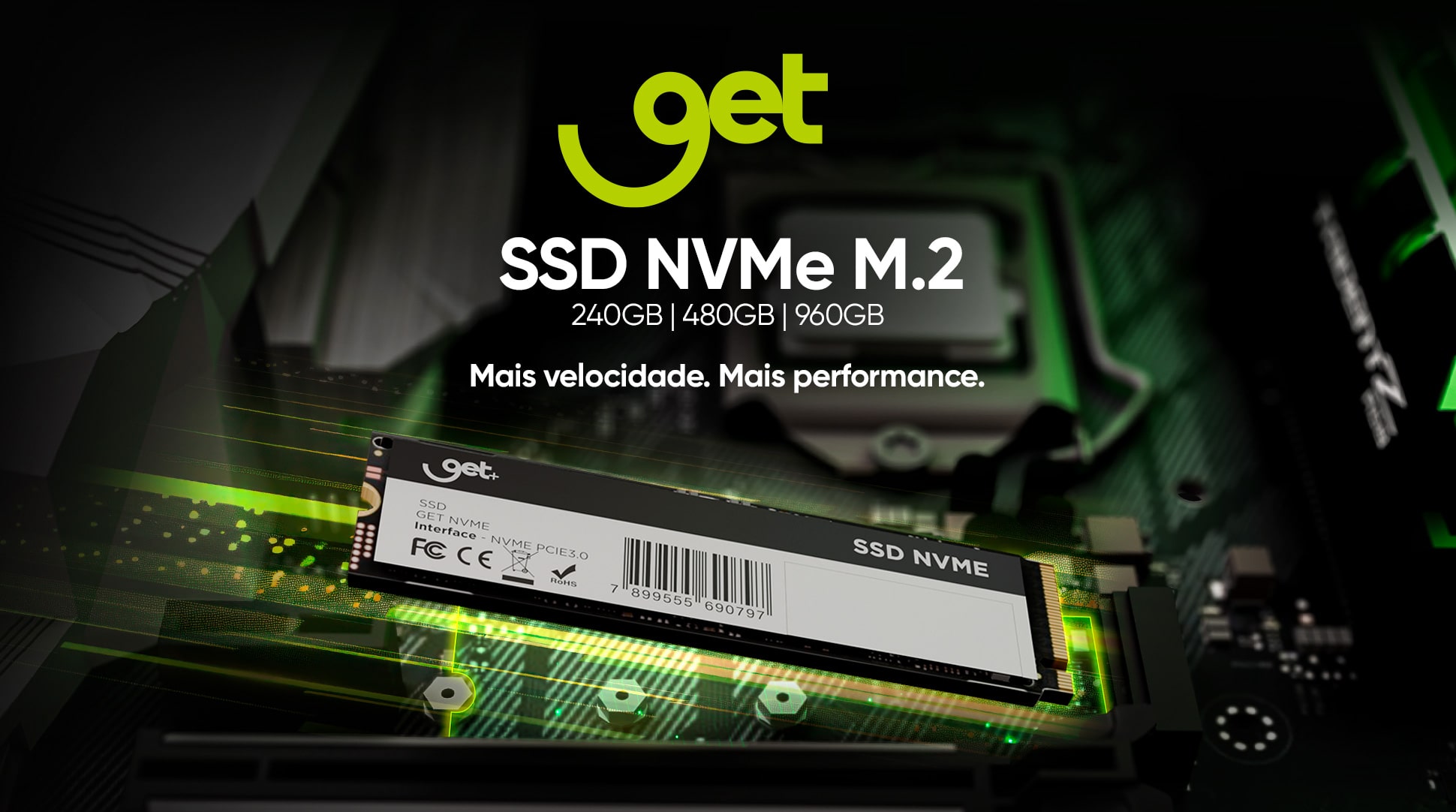 SSD 240GB Get M.2 2280 NVMe PCIe, Leitura 1600MB/s, Gravação 1400MB/s, NAND 3D