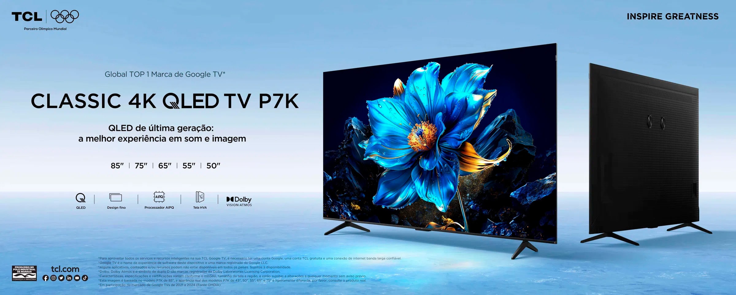 Smart TV 75 QLED 4K Ultra HD TCL 75P7K Google TV, HDMI, Bluetooth, Wi-Fi