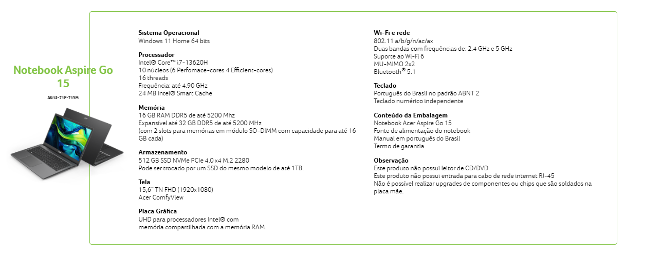 Notebook Acer Aspire GO 15