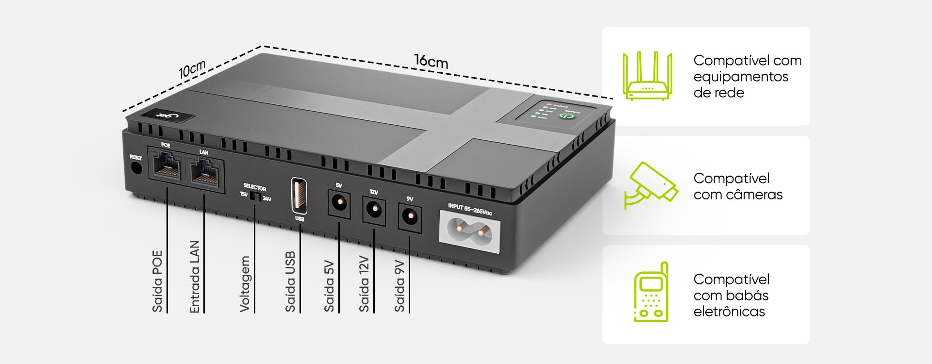Mini Nobreak UPS Get 18W Bivolt 9/12/15/24V Bateria 10.400mAH para Roteadores, Modems, Câmera de segurança