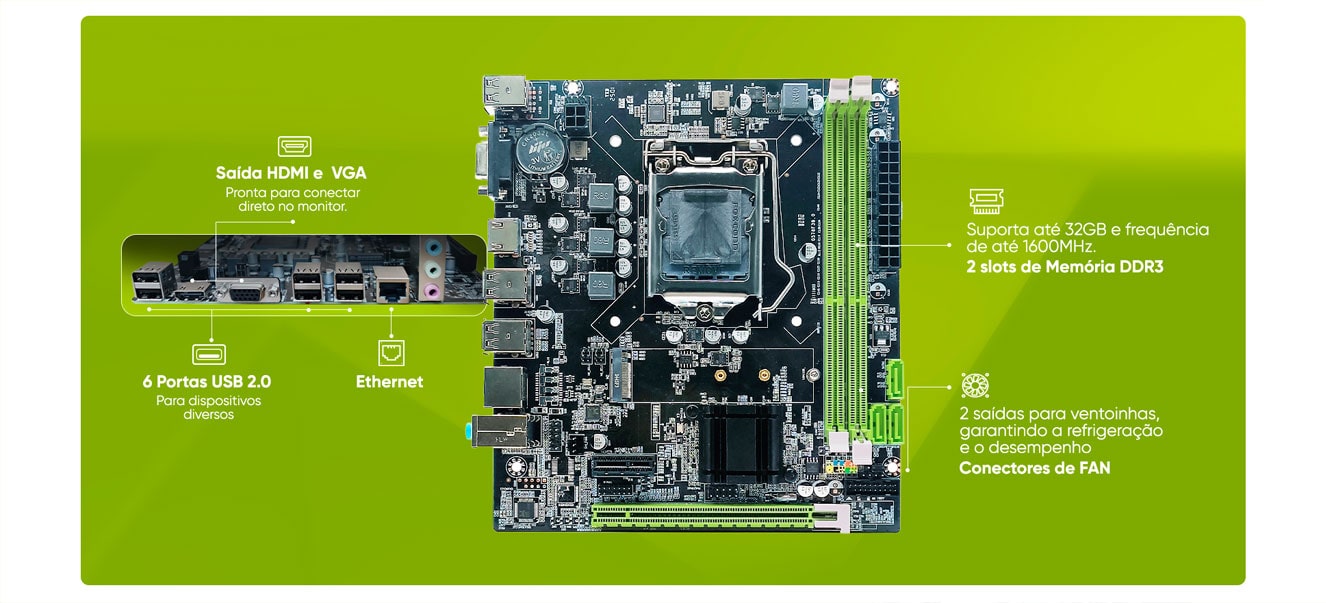 Placa-Mãe Get H61 DDR3 M2 LGA 1155, Suporte Intel 2°/3° Geração, SATA M.2 HDMI VGA USB 3.0 Micro ATX