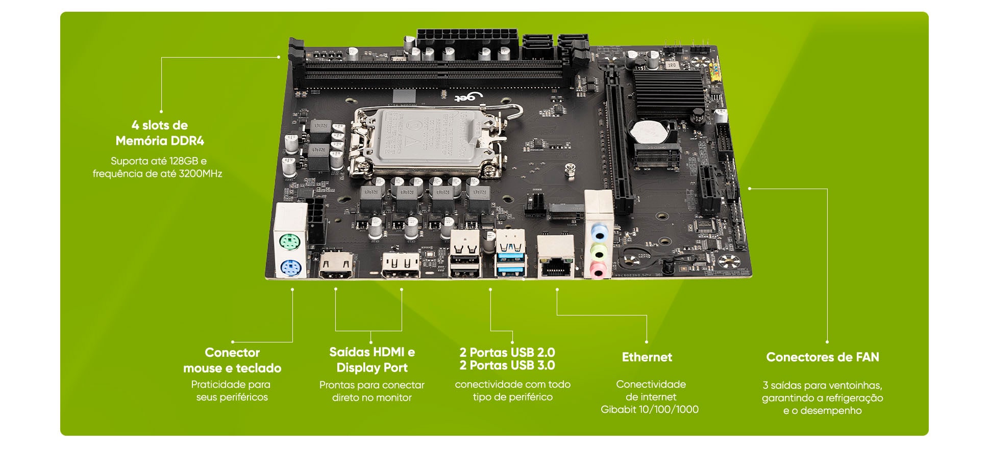 Placa-Mãe Get H610 M2 LGA 1700 DDR4, Suporte Intel 12ª a 14ª Geração, M.2 NVMe, HDMI, DP, USB 3.0, Micro ATX