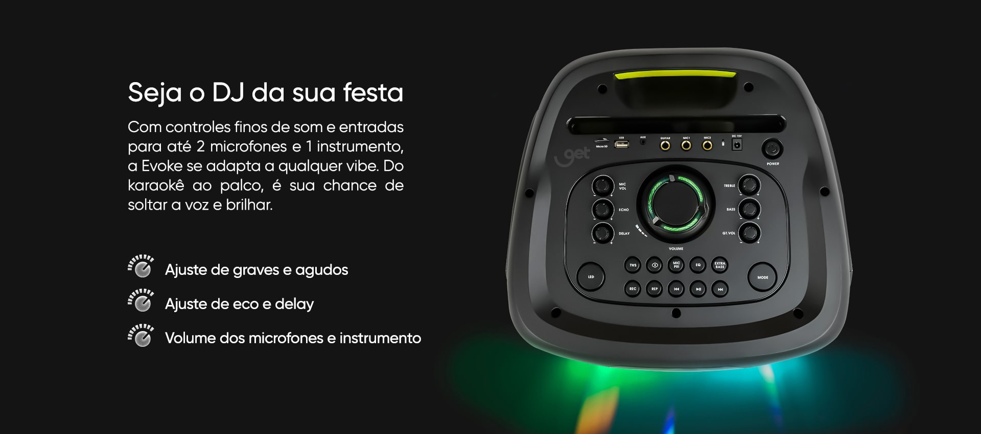 Caixa de Som Amplificada Bluetooth Get Evoke 1001 TWS 1000W RMS