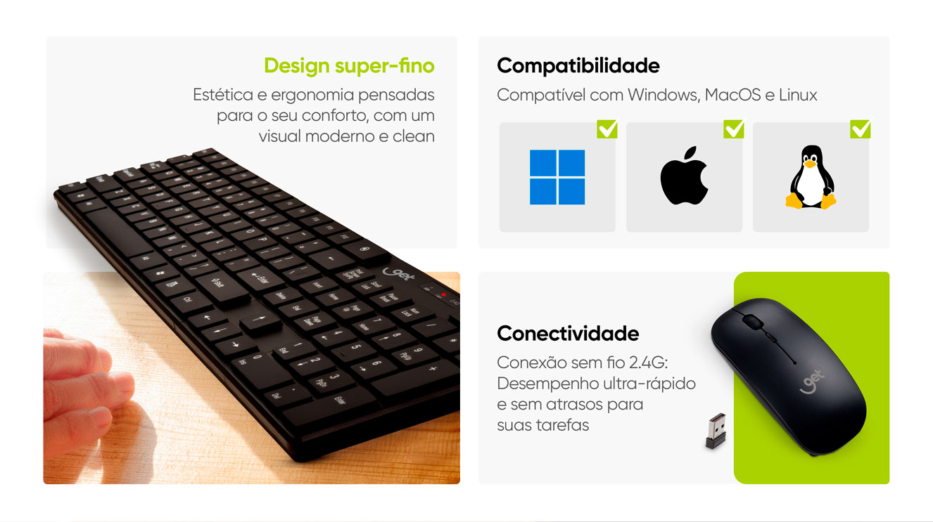 Kit Teclado e Mouse Sem Fio USB Compact 2 | Get