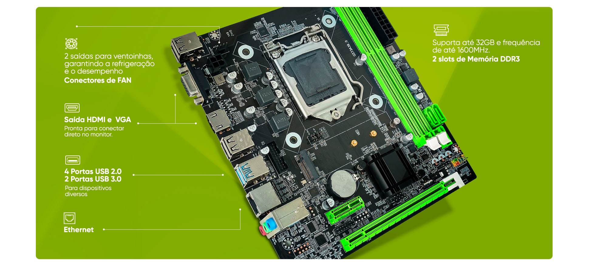 Placa-Mãe Get H81 M2 LGA 1150 DDR3, Suporte Intel 4° Geração, SATA M.2 HDMI VGA USB 3.0 Micro ATX