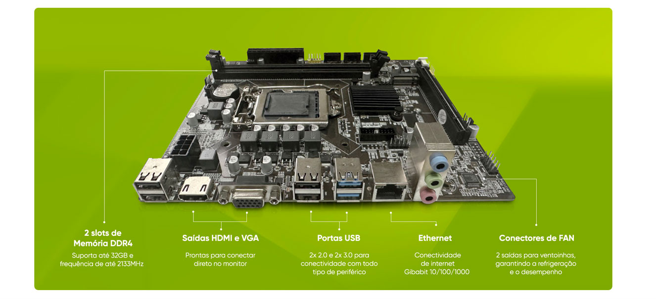 Placa-Mãe Get H110 DDR4 M.2 LGA 1151, Suporte Intel 6ª a 8ª Geração, SATA, HDMI, USB 3.0, NVMe, Micro ATX