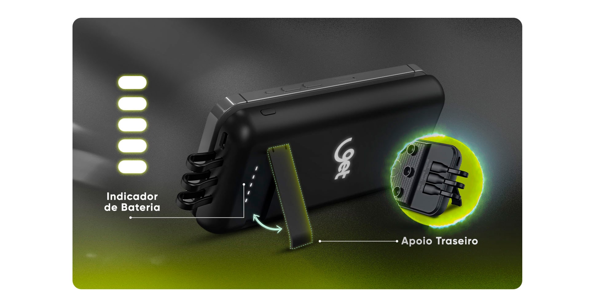Carregador Portátil Sem Fio com Ventosas Get 10000mAh Preto