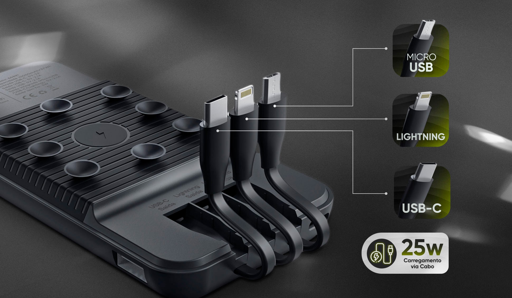 Carregador Portátil Sem Fio com Ventosas Get 10000mAh Preto