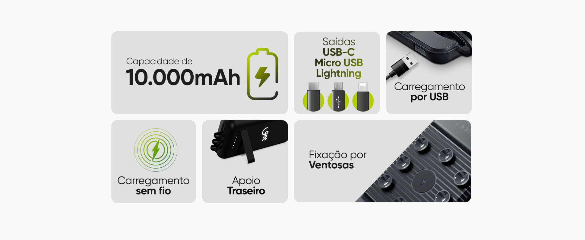 Carregador Portátil Sem Fio com Ventosas Get 10000mAh Preto