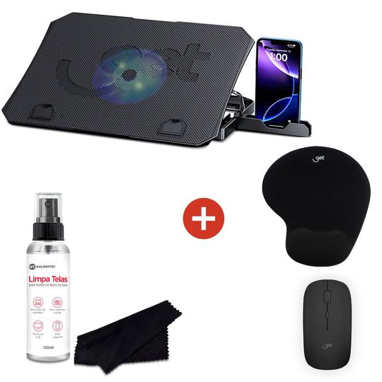 Suporte-para-Notebook-ate-15.6-Get-Ajustavel-com-Cooler---Mouse-Sem-Fio-USB---Mousepad-Get-Comfort---Limpa-Telas-120ml-Goldentec-com-Pano-Microfibra-1