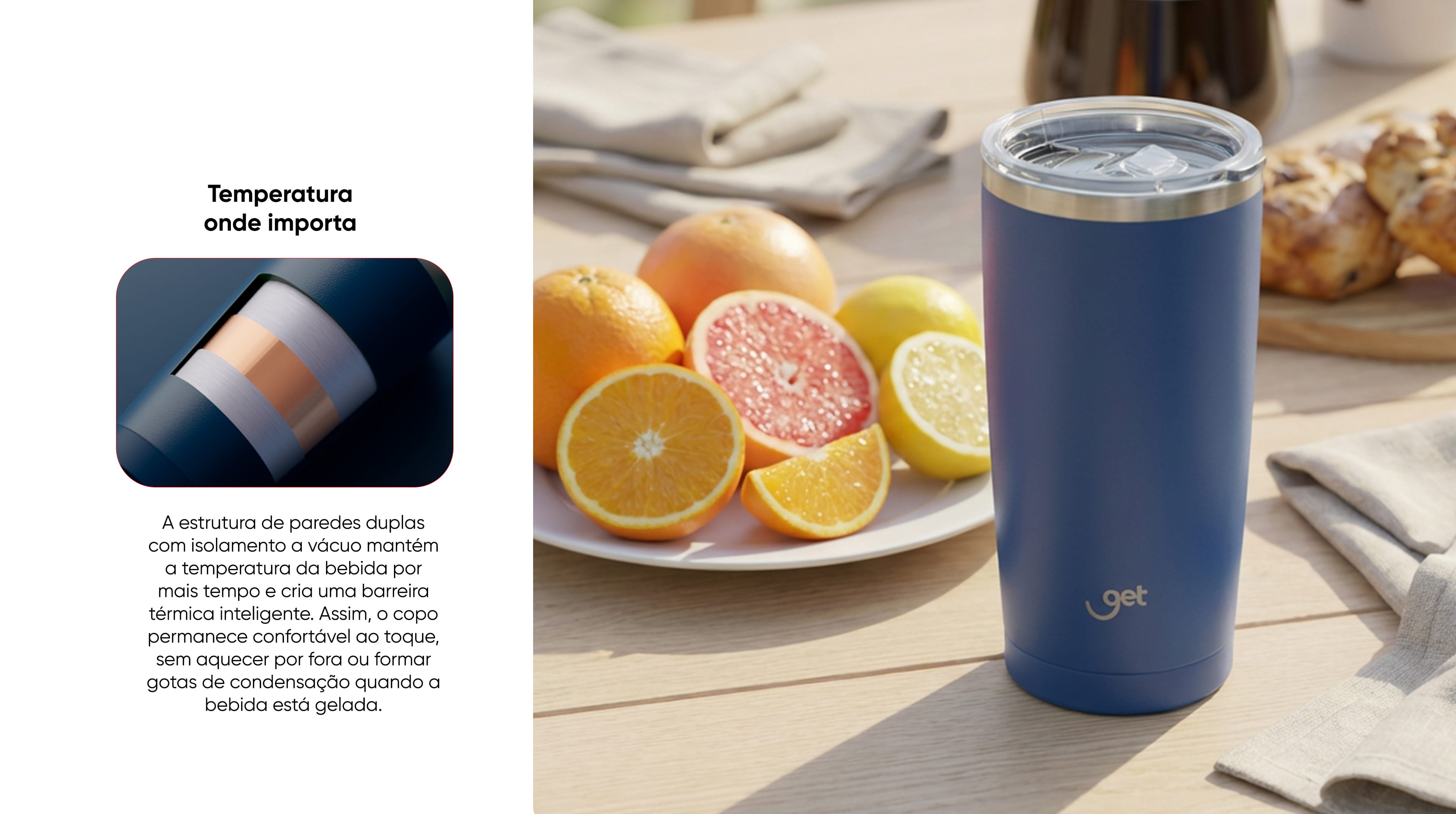 Copo Térmico Get Inox 600ml para bebidas quentes ou frias com tampa Cinza