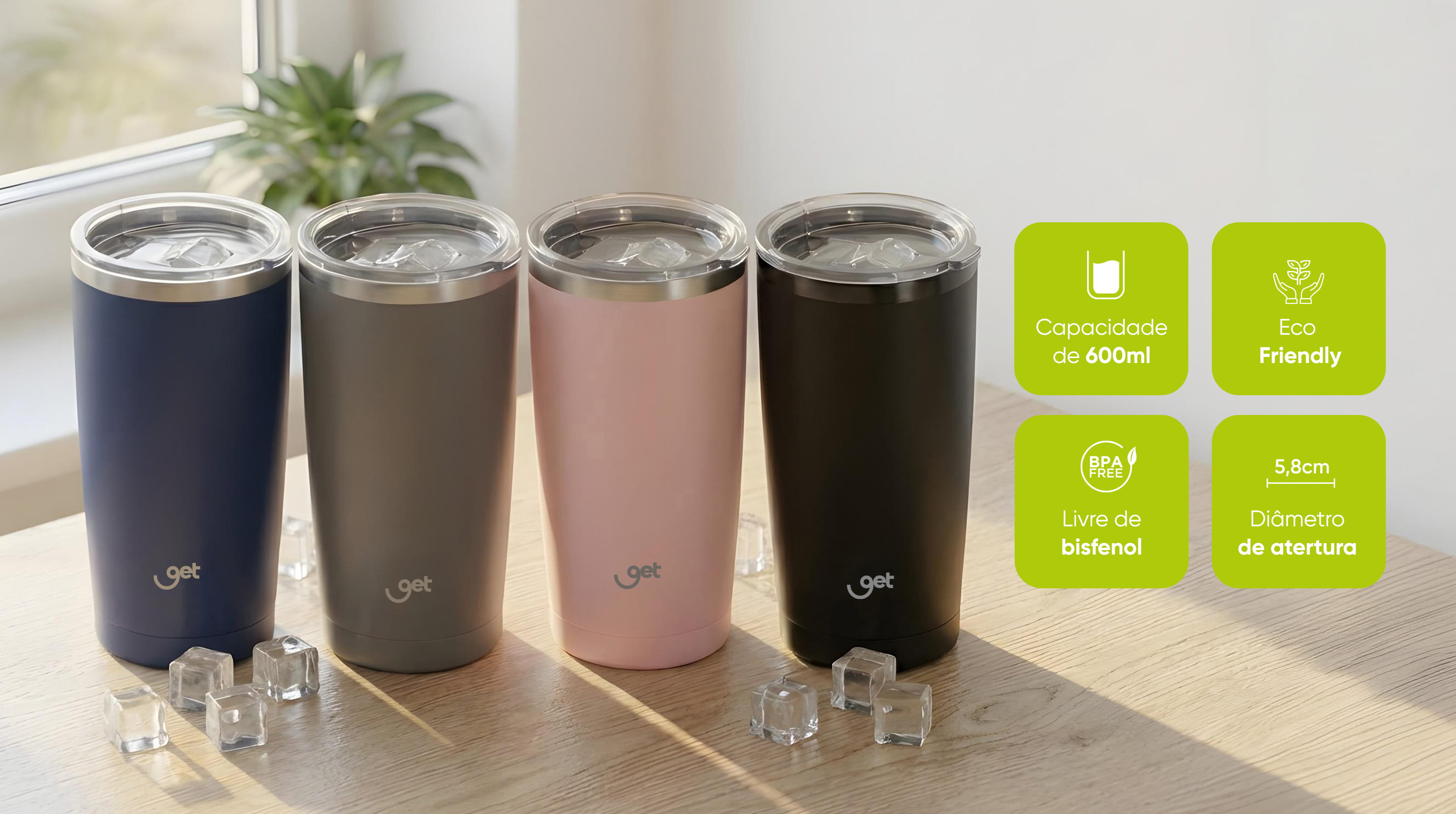 Copo Térmico Get Inox 600ml para bebidas quentes ou frias com tampa Cinza