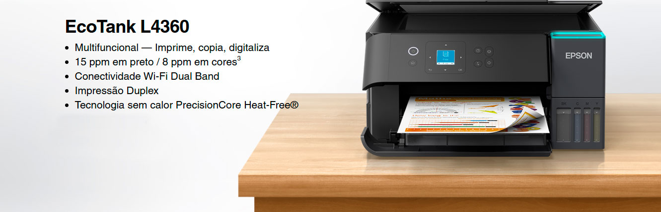 Impressora Multifuncional Tanque de Tinta Colorida EcoTank L4360 Duplex Wi-Fi, USB, Bivolt