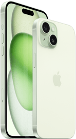 iPhone 15 Plus de 6,7 polegadas e iPhone 15 de 6,1 polegadas são mostrados juntos para uma comparação de tamanho.