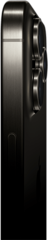Imagem lateral do iPhone 15 Pro Max com design em titânio que mostra o botão de liga/desliga.