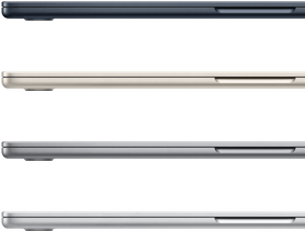 Quatro notebooks MacBook Air fechados que mostram as cores disponíveis: meia-noite, estelar, cinza-espacial e prateado
