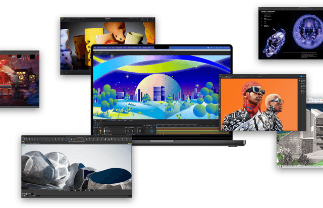 Imagem do MacBook Pro executando apps como Adobe After Effects, Keynote, DaVinci Resolve, Autodesk Maya with Arnold renderer, Adobe Photoshop, Houdini e SketchUp