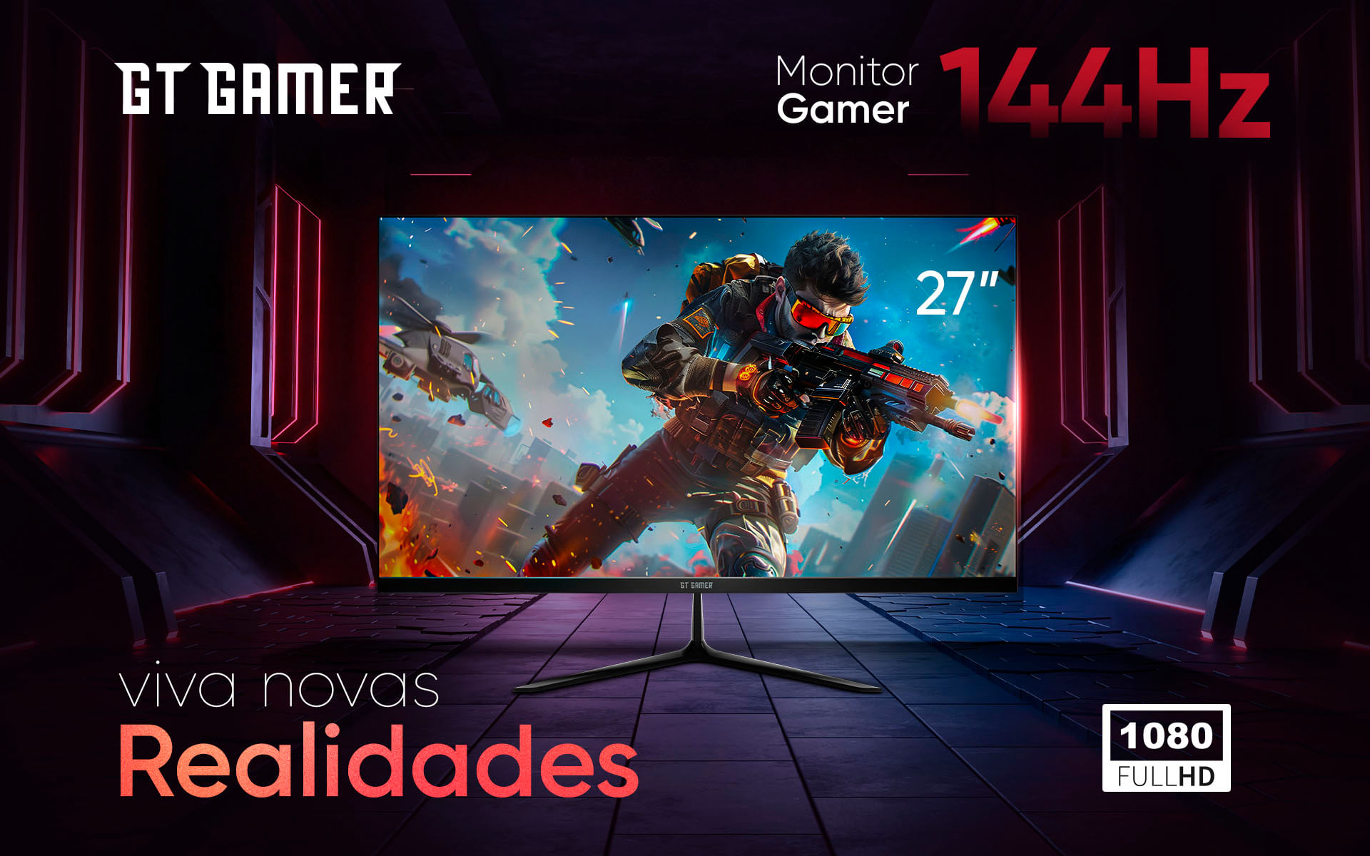 Monitor Gamer 27 GT Gamer IPS Flat Full HD 144Hz 1ms, HDMI, DisplayPort, FreeSync, FlickerFree