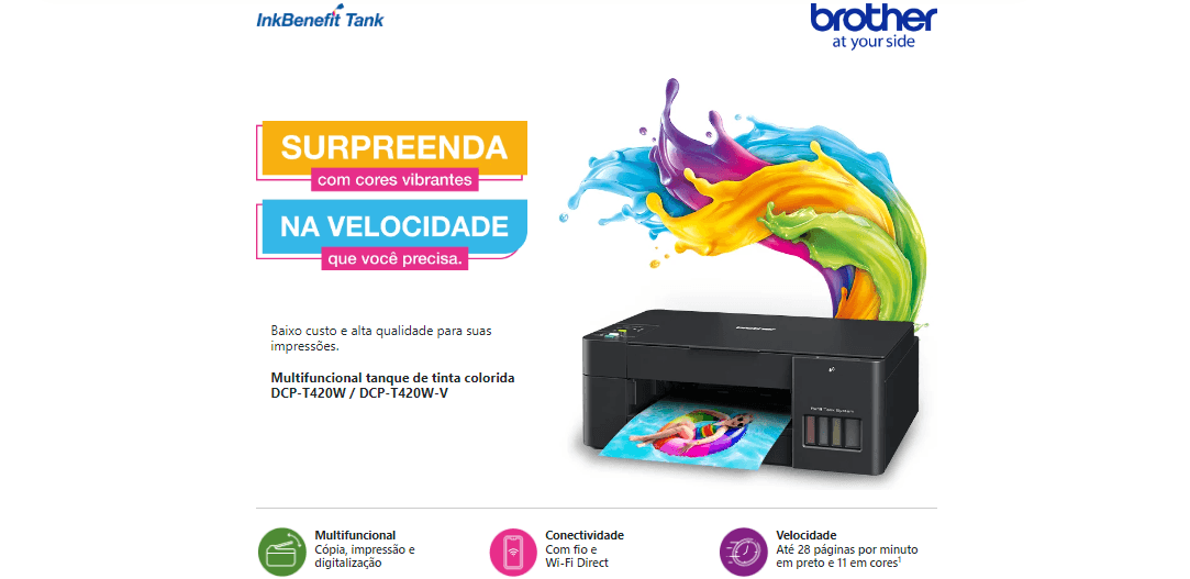 Impressora Multifuncional Brother, Jato de Tinta, Colorida, Conexão USB - DCPT220