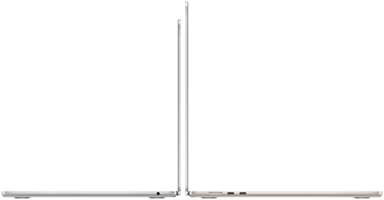 Os modelos de 13 e 15 polegadas do MacBook Air abertos de costas um para o outro.