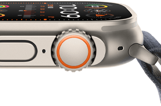 Imagem do Apple Watch Ultra 2 mostrando a caixa robusta de titânio, a tela plana, a Digital Crown e o botão lateral.