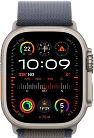 Imagem do Apple Watch Ultra 2 com pulseira loop Alpina azul e mostrador com informações como GPS, temperatura, bússola, altitude e métricas de exercícios.